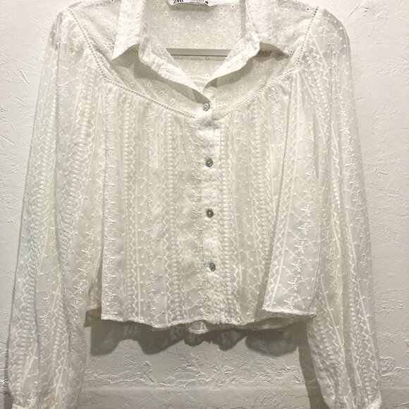 ZARA Long Sleeve Button Down Crop Top Eyelet Embroidered Semi sheer White M - Picture 3 of 11
